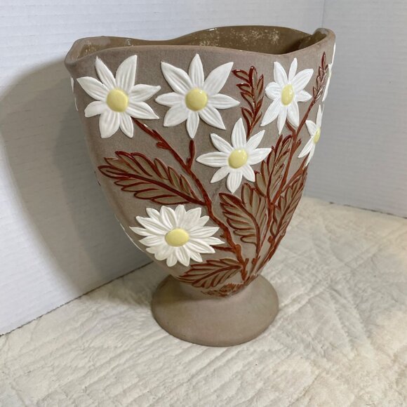 Handcrafted Ceramic Vase With Embossed White Daisies & Brown Leaves By A. Paquet - Picture 3 of 11